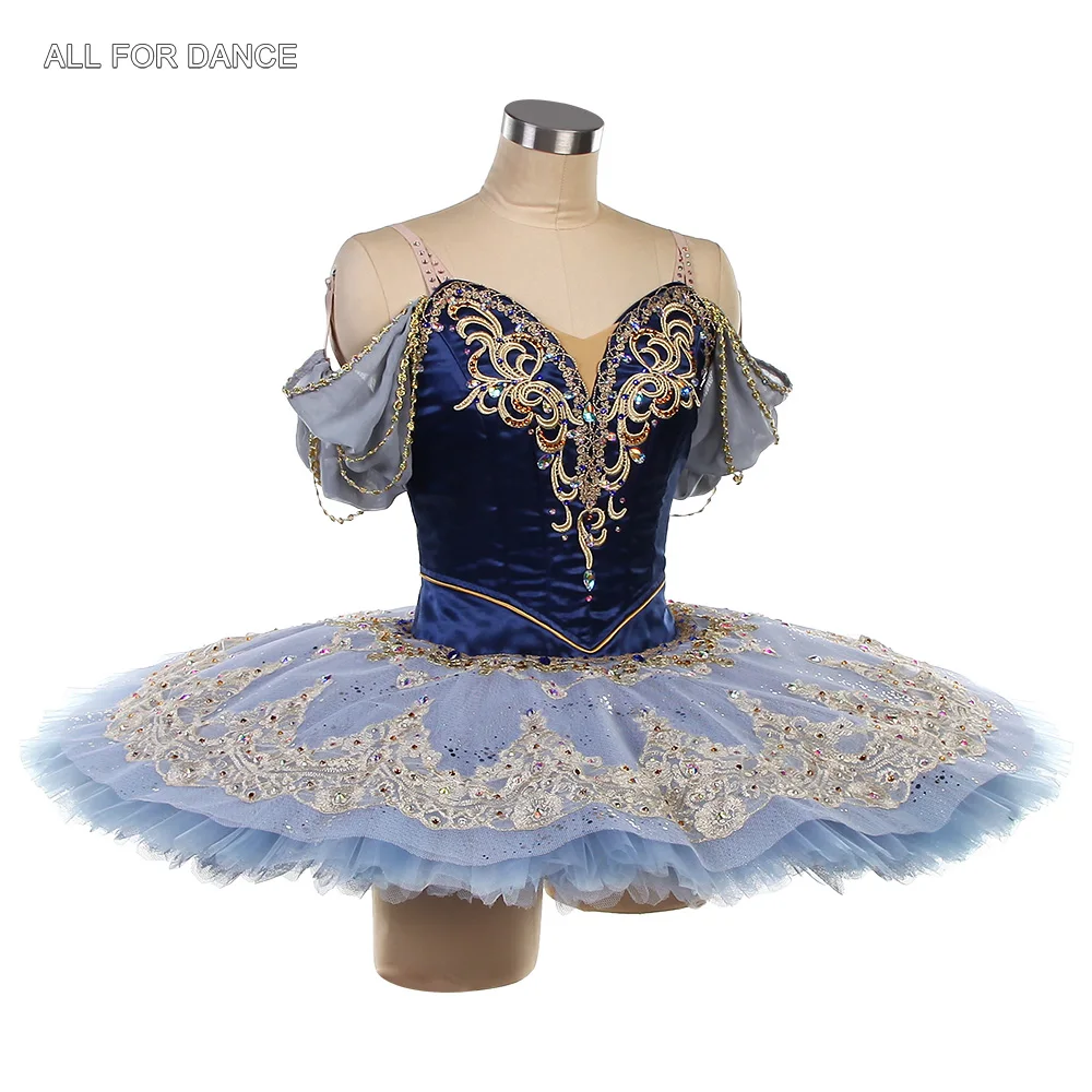 B26639 ネイビーブルー プロフェッショナル バレエ チュチュ ゴールドトリム付き YAGP または舞台パフォーマンス用のオーダーメイド バレエ チュチュ