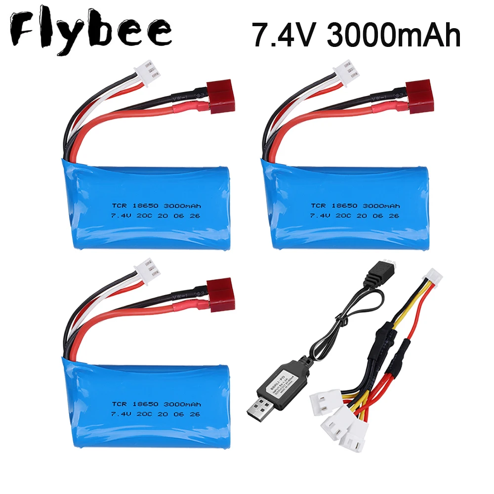 

7.4V 3000mah lipo Battery for Q46 Wltoys 10428/12428/12423 RC Car Spare parts 7.4V battery with USB charger 18650 2S T Plug