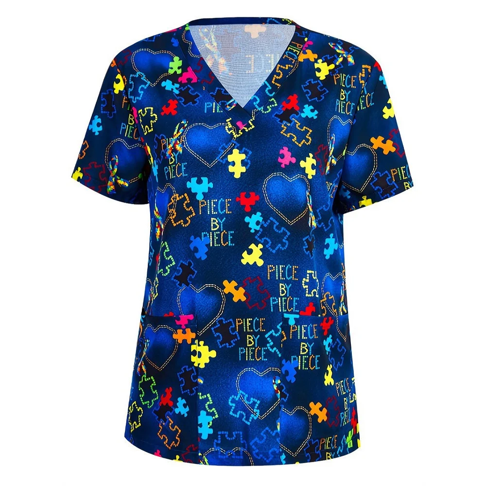 Uniforms Women Medical Elegant Heart Print Fashion V-Neck Curable Medico Casual Patch Pocket Short Sleeve Scrub Medical Woman