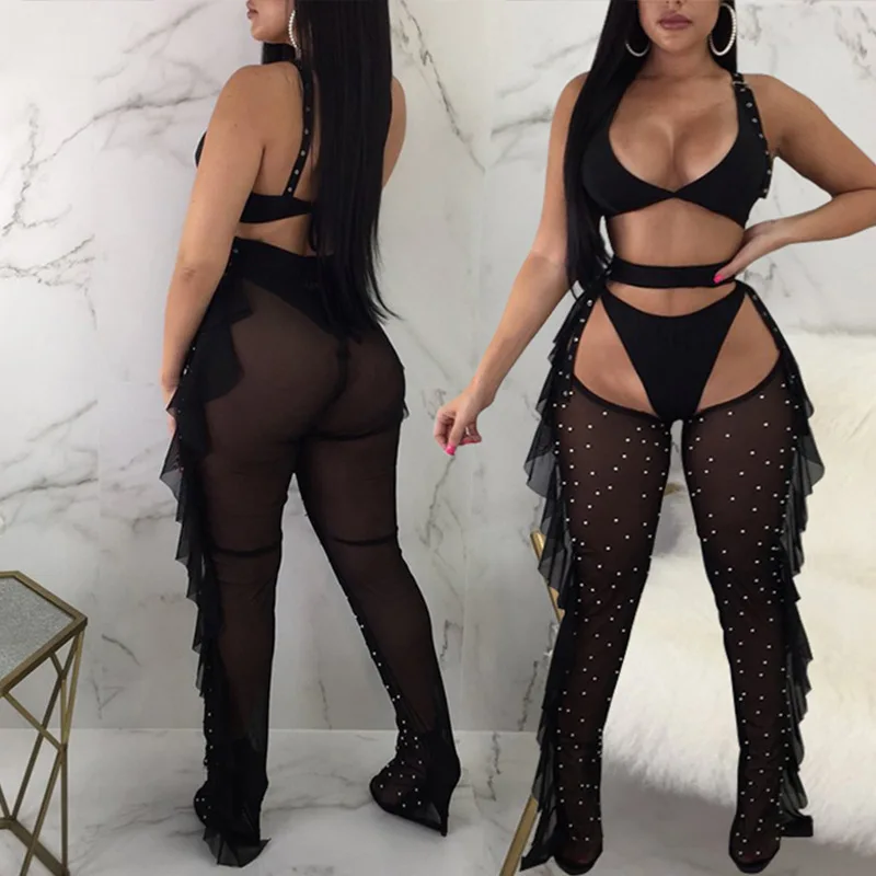 

2025 new European and American women's clothing sexy mesh bead fungus edge tight suit