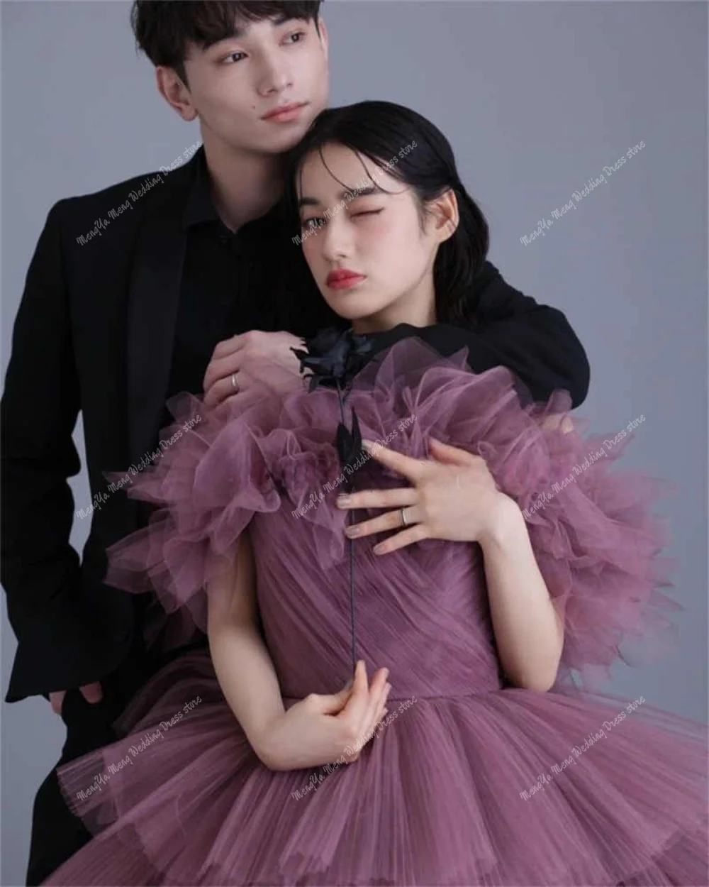 ZHUISHU Customized Luxury Dark Purple Tulle Tiered Wedding Dresses Korea Photoshoot Off Shoulder Sweep Train Bridal Gowns