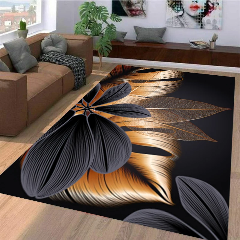 3D Retro Black Golden Plant Leaf Living Room Rugs Home Entrance Carpet Door Mat Non-Slip Hallway Bathroom Mat Kitchen Floor Mat