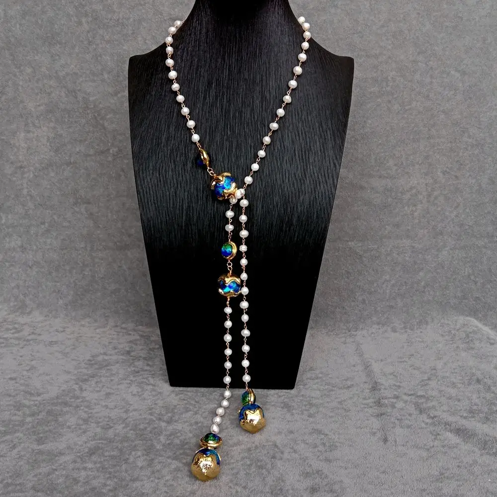 

KKGEM 16mm Blue Murano Glass 6-7mm Freshwater Cultured White Pearl Rosary Chain Long Necklace 38" Jewelry For Women Girls