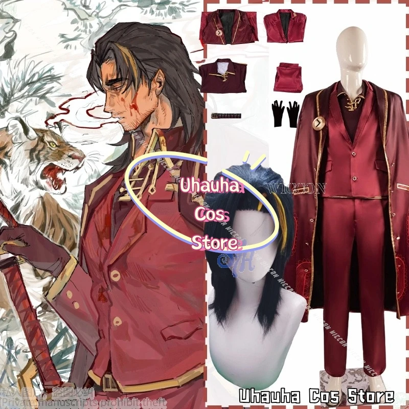 jeu-d'anime-limbus-company-cosplay-lei-heng-costume-papa-beau-uniforme-rouge-fonce-long-manteau-gilet-costume-perruque-halloween-{uhauha-cos}