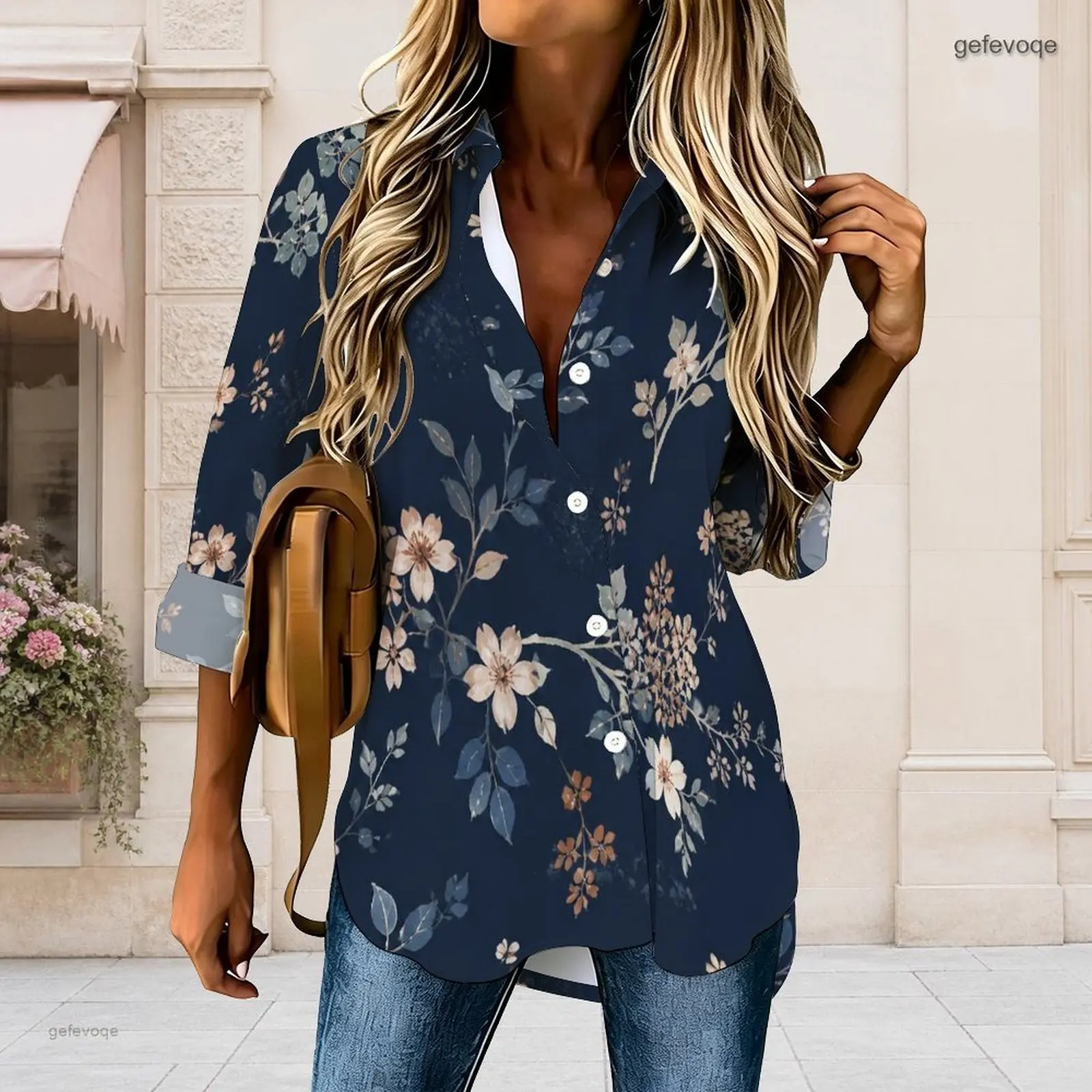 Women Dark Teal Floral Printed Collared Long Sleeve Button Front Curved Hem Shirt 3