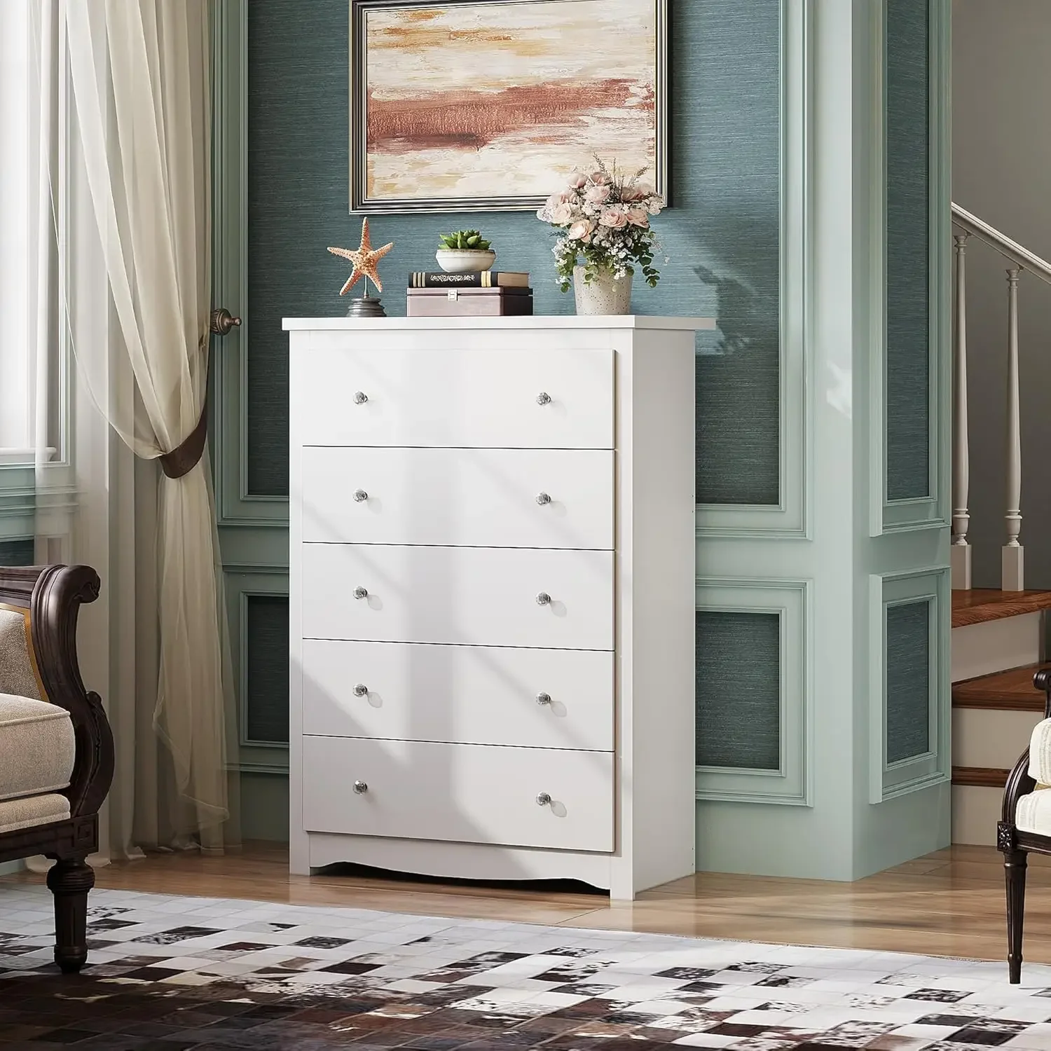 White Wood Dresser with 5 Drawer, Cabinets Dressers Wood Dresser Cabinet, Organizer Drawers for Bedroom, Living, Hallway,