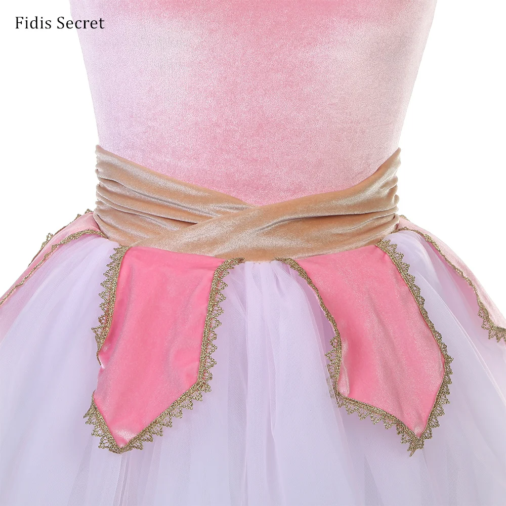

Long Romantic Ballet Tutus Costumes,Pink Velvet Bodice White Soft Skirts for Girls Sugar Plum Fairy Dance Performance Stage Wear