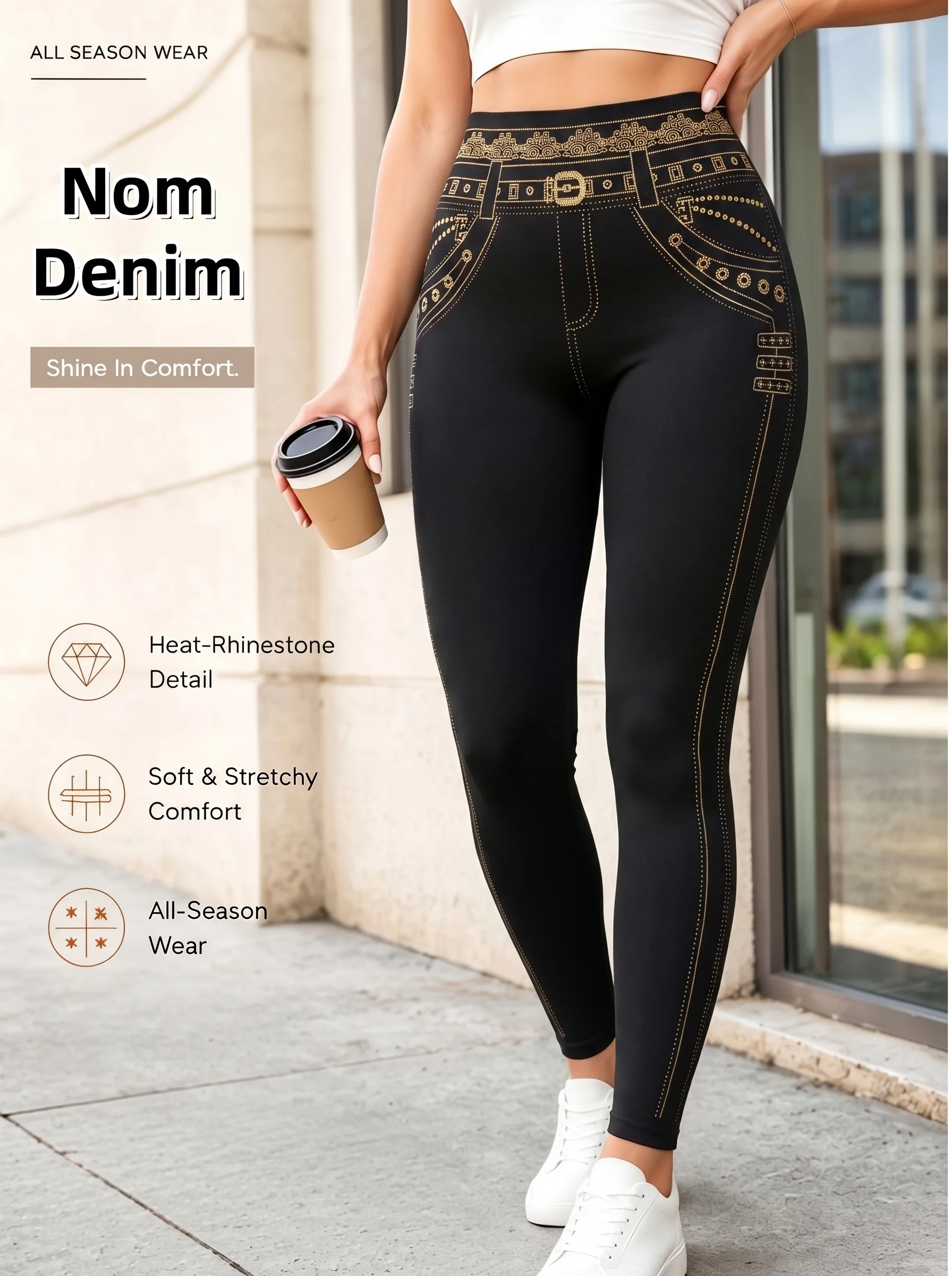 Golden Print Black Faux Denim Ankle Leggings Soft Breathable All-Season Stretch Trousers for Fitness Daily Wear Commutes