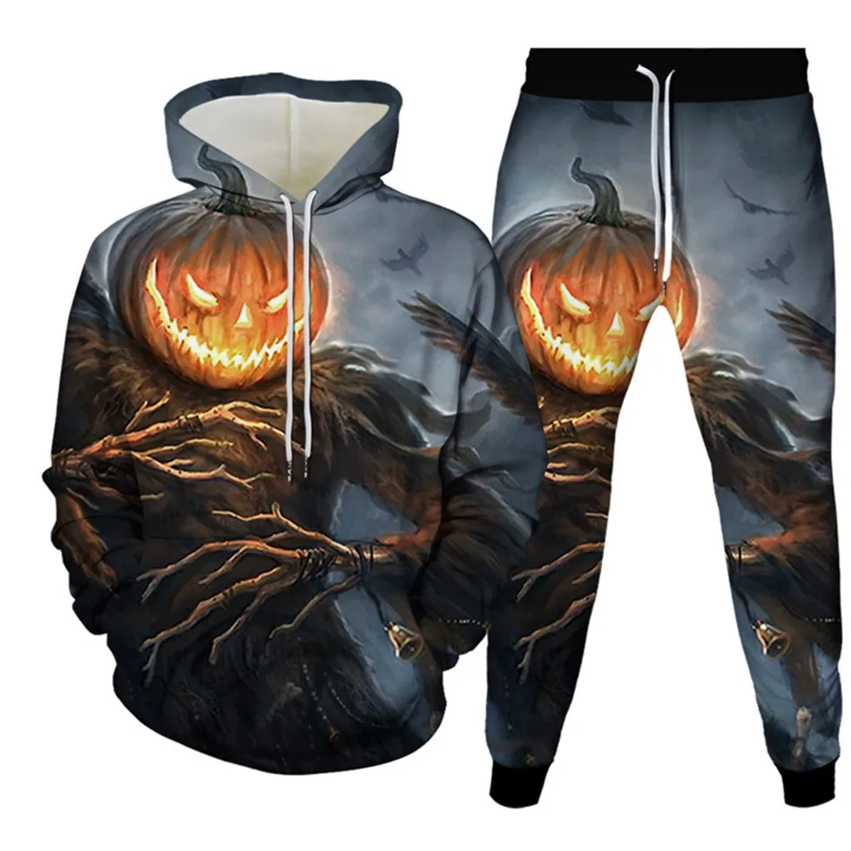 Hollween Pumpkin Lantern Bat Skull Print Men Tracksuits Sets Women Punk Style 3d Hoody Sweatshirts+Sweatpant Hip Hop Hoodie Suit