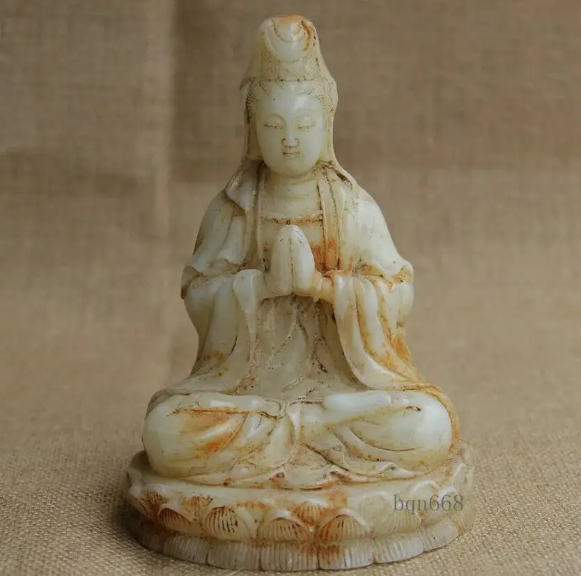 

6" Chinese Old White Jade Hand-carved sitting pray lotus Guanyin Statue