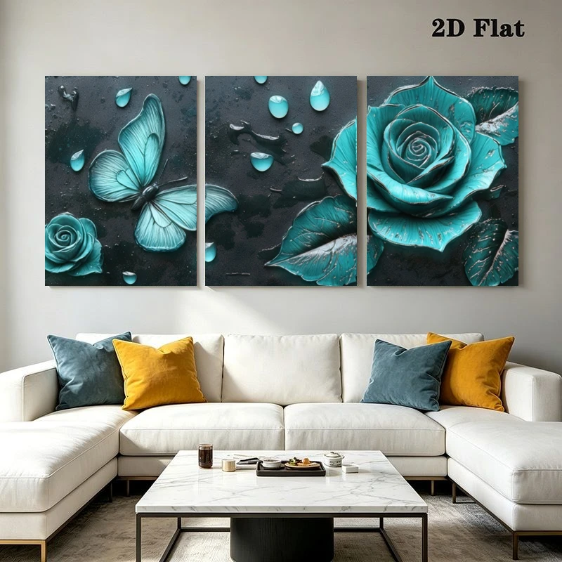 2D Flat, 3pcs Modern Boho Cyan Butterfly & Rose Wall Art - Minimalist Luxury Frameless Water Droplet Prints Suitable for Livi