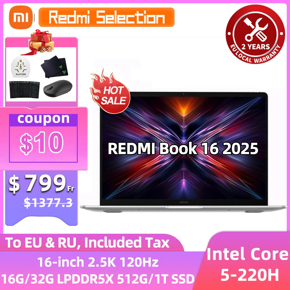 Xiaomi REDMI Book 16 2025 Laptop Intel Core 5 Processor 220H Intel Graphics 16G/32G RAM 1TB SSD 16-inch Screen Notebook Slim PC