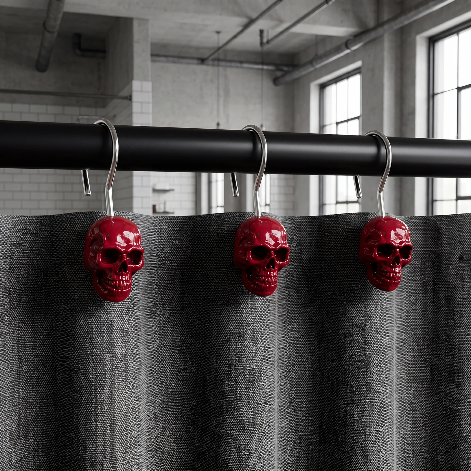 12Pcs Red Skull Shower Curtain Hooks, Gothic Bathroom Decor Accessories, Metal Curtain Rings for Bath, Kitchen & Home view 5
