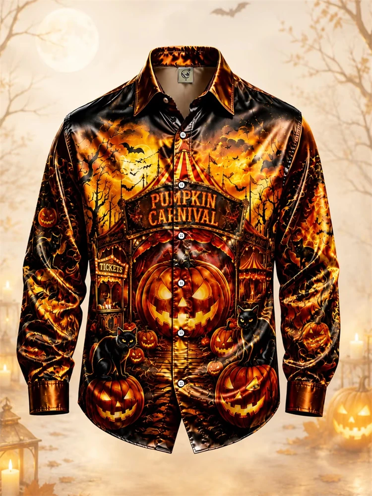 2026 New Autumn Halloween Long-Sleeve Shirt Pumpkin Bat and Castle Print Collared Button-Down Gothic-Style Holiday Party Top