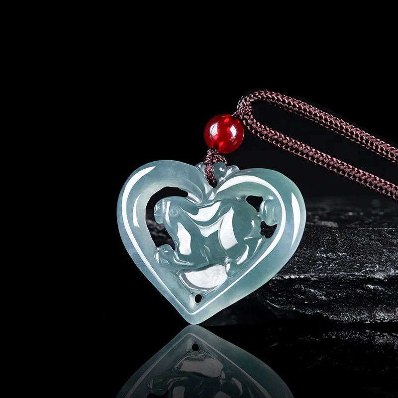 

Real Natural Blue Water Jade Love Rabbit Pendant Necklace Carved Charm Jadeite Jewelry Fashion Amulet Gifts for Men Women
