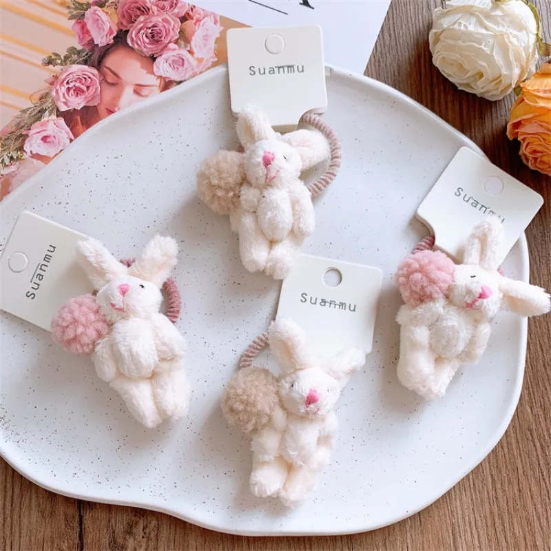 

Sweet Beige Bunny Pom Pom Hair Elastics for Little Girls Plush Cartoon Design Soft Stretchy No Crease Baby Hair Bands Daily Use