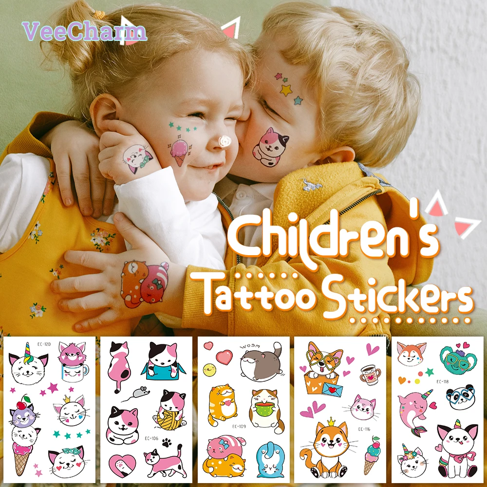 

VeeCharm - Cat and Dog Temporary Tattoo for Kids, Cartoon Animals Birthday Party Supplies, Gifts, Cute Fake Tattoos, 1/24 Sheet