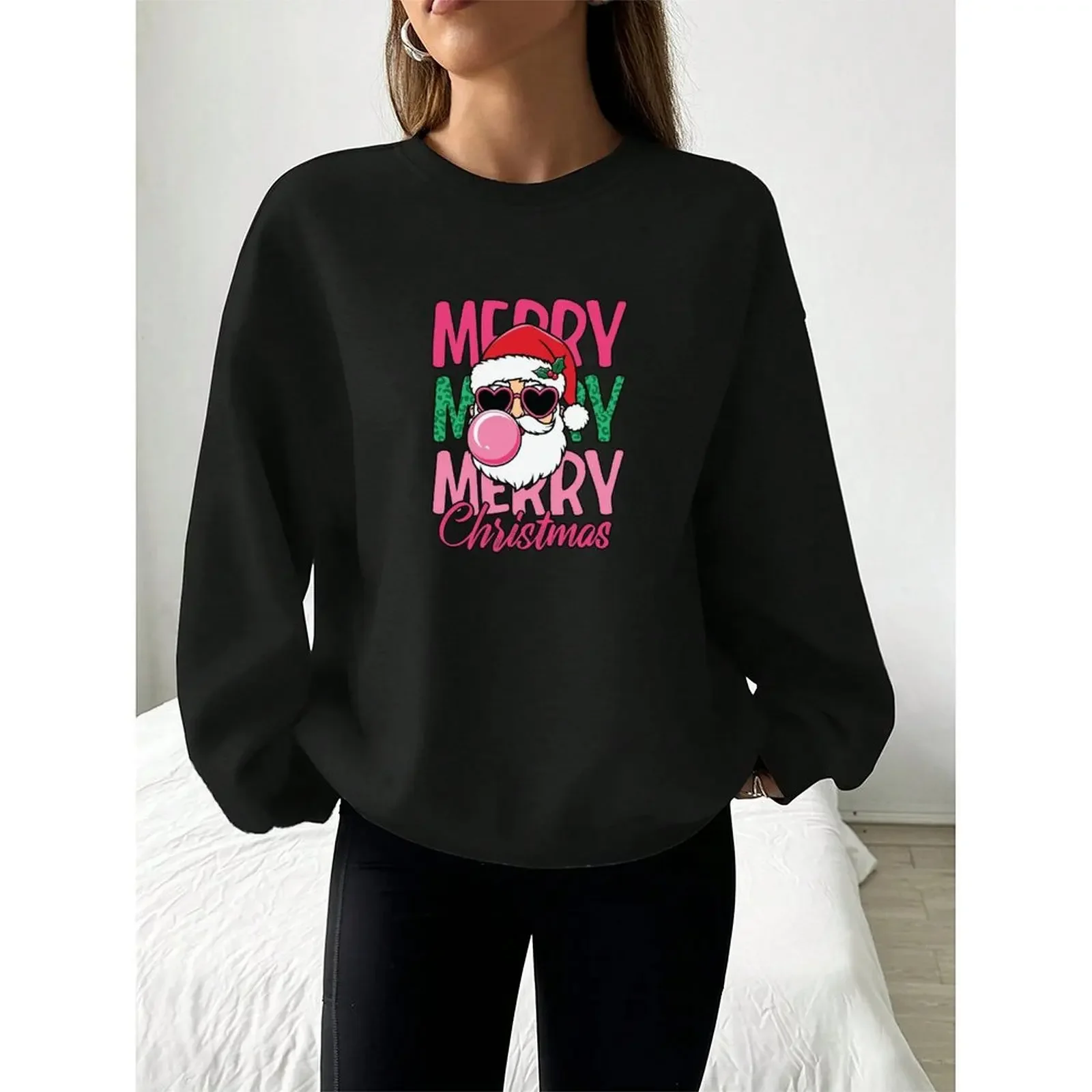 Round Neck Long Sleeve Pullovers Woman Elegant Sweatshirt Velvet Winter Casual Loose Comfortable Christmas Printed Pattern Tops