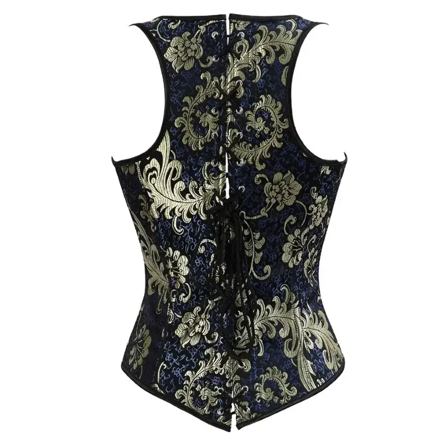 Vintage Underbust Corset Top Gothic Gold Blue เย็บปักถักร้อยเอว Cincher Bustier เสื้อกั๊กพร้อมสายรัดไหล่ Plus ขนาด Body Shaper