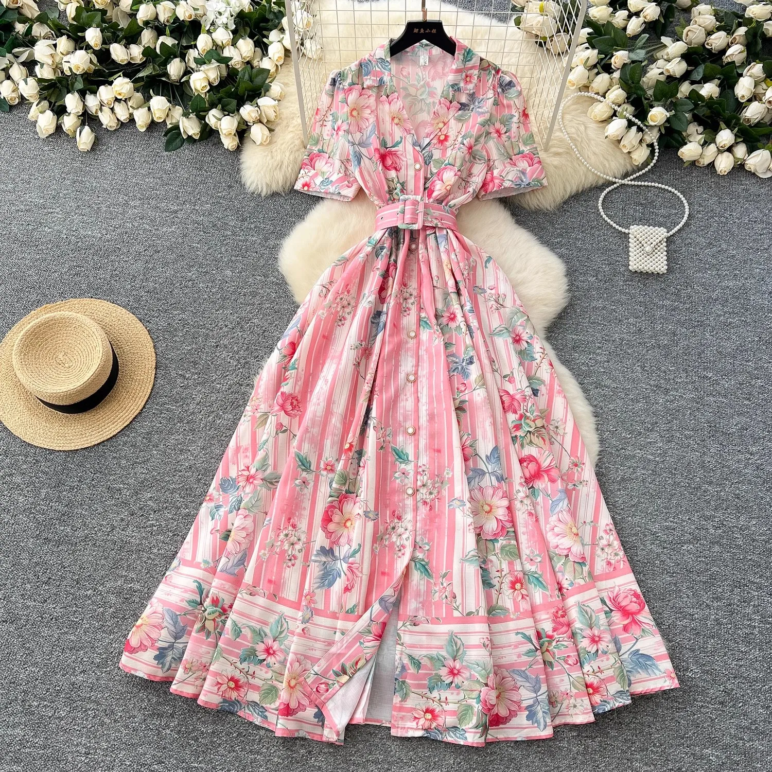 Summer Holiday Flower Boho Robe Dress Women Short Sleeve Notched Belt A-Line Beach Party Vestido Pearls Buttons Up Maxi Clothes