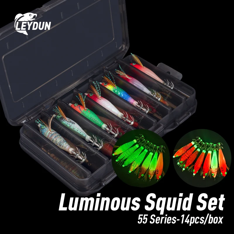 LEYDUN Luminous eye Horizontal Squid Jig Wood Shrimp Squid BKK Hook 14pcs/Set Lures Octopus Cuttlefish Shrimp Saltwater Baits