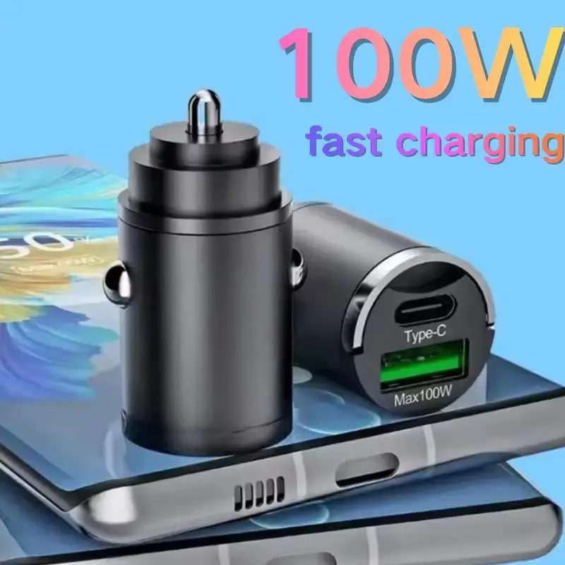 

100W Car Charger Fast Charging Dual-port Universal Car Super Fast Charger Mini USB Type C Security Car Phone Charger 12-24V