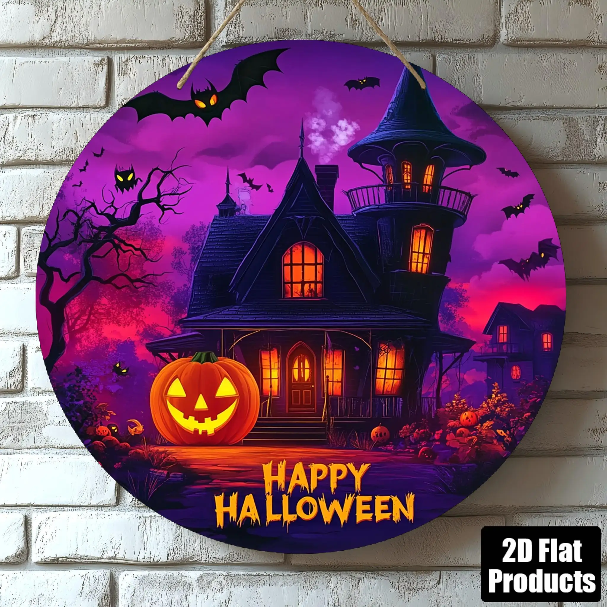 2D Flat Wooden Printed Flat Design, Round Wooden Board Decorative Sign, Purple Roof Horror Gothic Haunted House Theme, Suitable