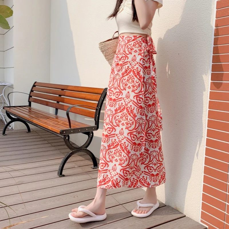 

Длинная юбка с принтом в стиле ретро, асимметричная, с защитой от солнца, из полиэфирного волокна, для пляжа