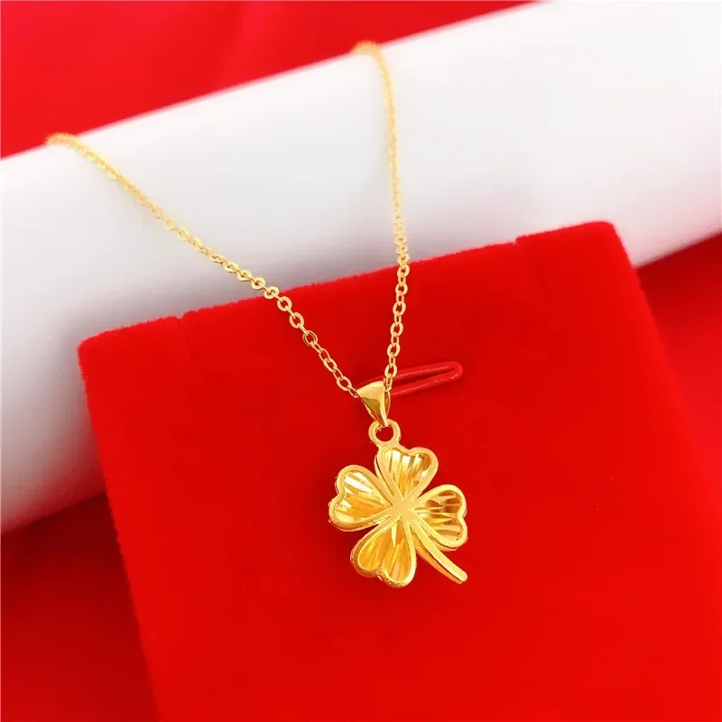 24k Real Gold Hollow Clover Necklace, 999 Gold Necklace for Women Bride Valentine's Day Wedding Birthday Chain Jewelry Gifts