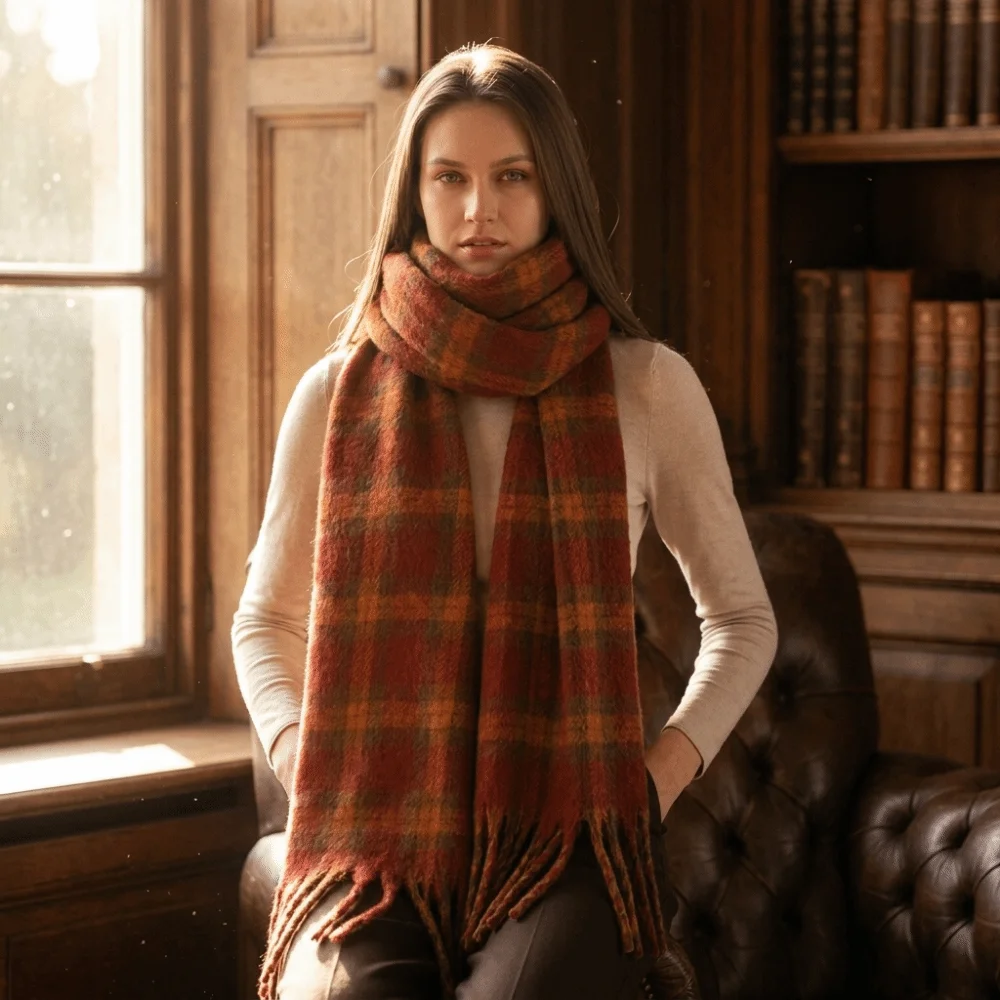 New Faux Cashmere Winter Scarf Thickened Warm Plaid Wrap Soft Tassel Fringe Neck Warmer For Women