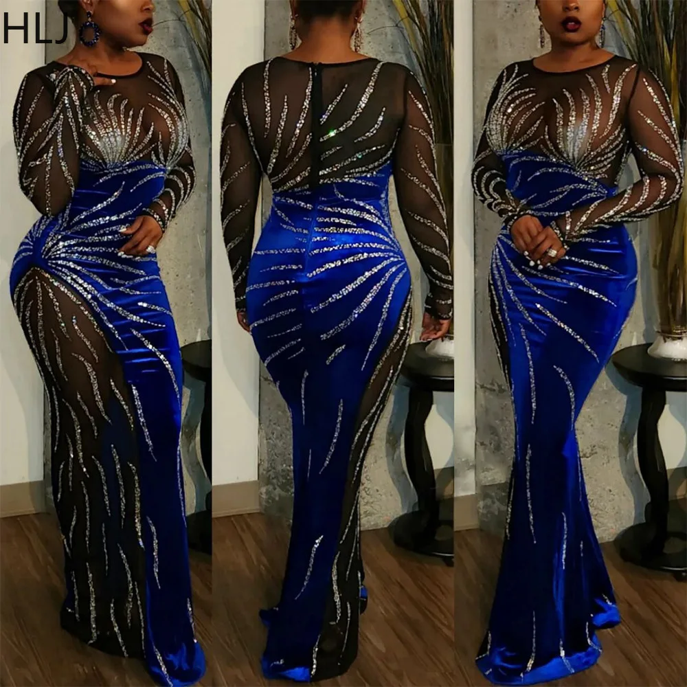 

HLJ Fashion Mesh Splicing Velvet Rhinestone Bodycon Evening Party Long Dress Women Round Neck Long Sleeve Slim Vestidos Clothing