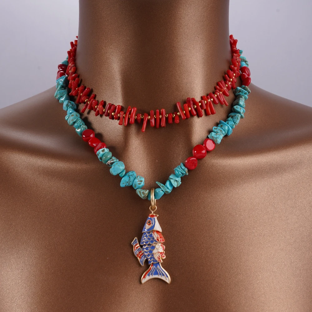 

Bohemian Irregular Natural Stone Fish Pendant And Coral Necklace New Dashionable Double-layer Design For Women
