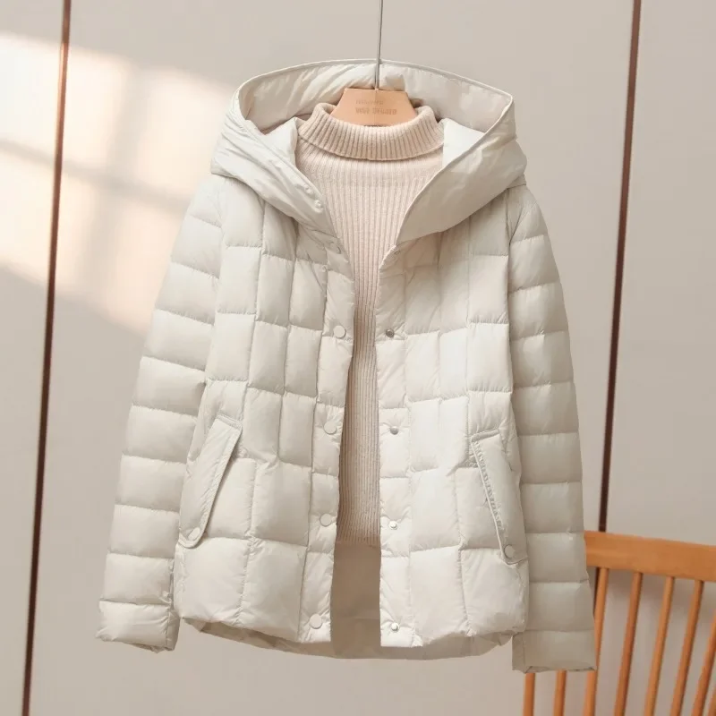 WHOLESALE 2025 New Winter Clothing Women White Duck Down Coat Hooded Solid Puffer Jacket Female Fashion Warm Top Down Clothes