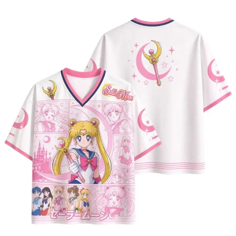 2026 New Sailor Moon Print Mesh Top Men Woman Y2K Oversized Breathable Street Athletic T-shirt Kids Sports Quick Drying Shirt