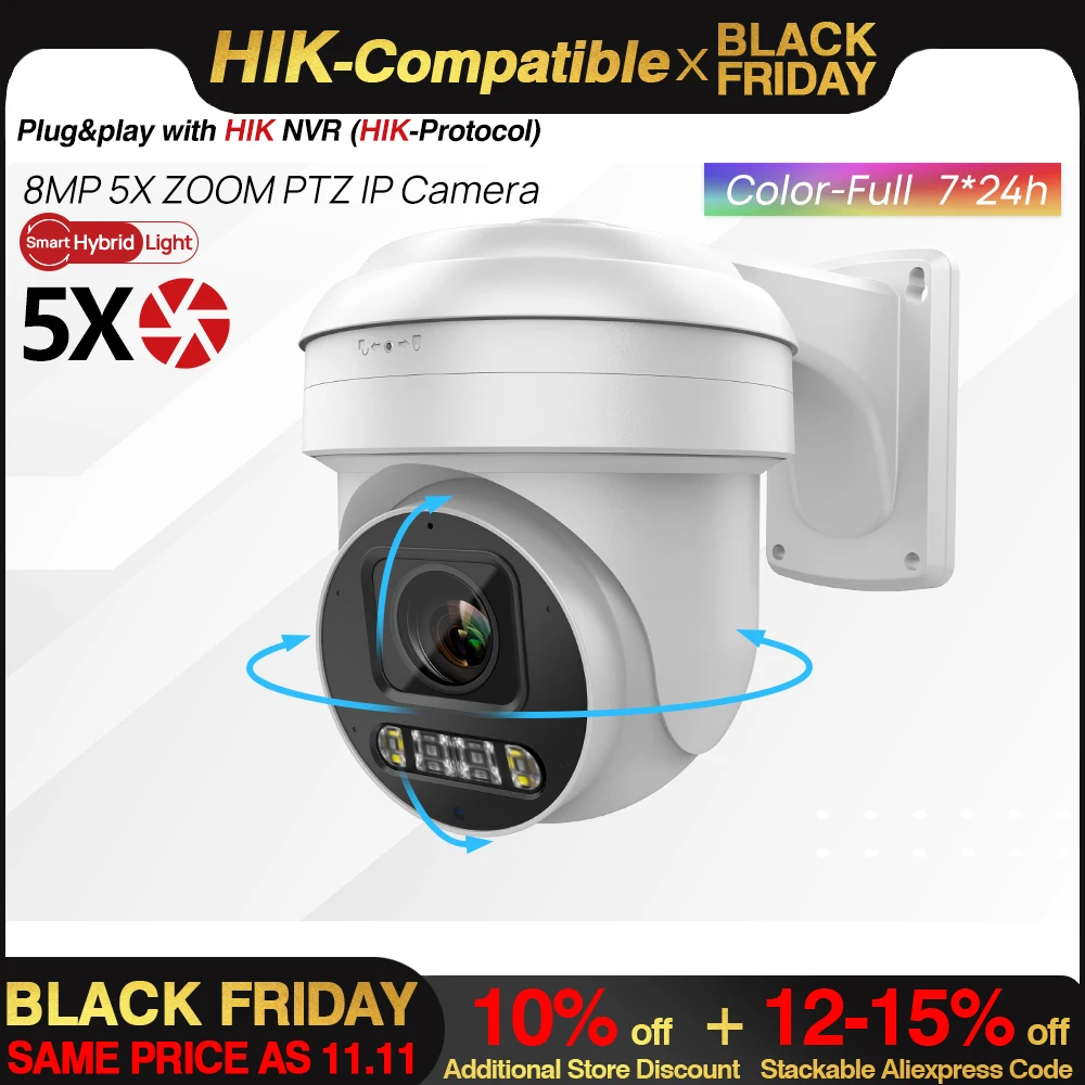 Summer Sale Hikvision Compatible 8MP ColorVu PTZ IP Camera 5X Zoom Hybrid Light 2-way Audio SD Card slot Network CCTV Camera