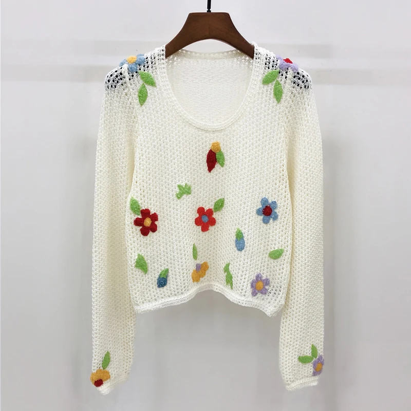 

Модные женские вязаные тонкие свитера с 3D цветком, 2021, европейский дизайн, повседневные свободные пуловеры, женская одежда F09