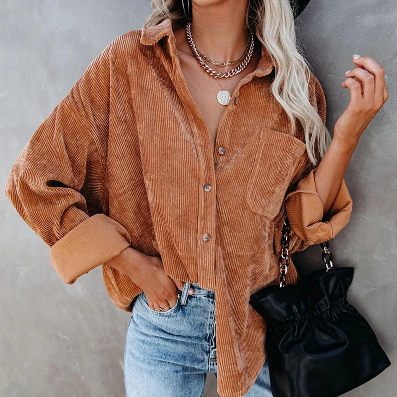 

Fashion Vintage Women Corduroy Blouse Jacket Casual Oversized Shirts Women Cotton Casual Button Pocket Loose Blouses Tops 17787