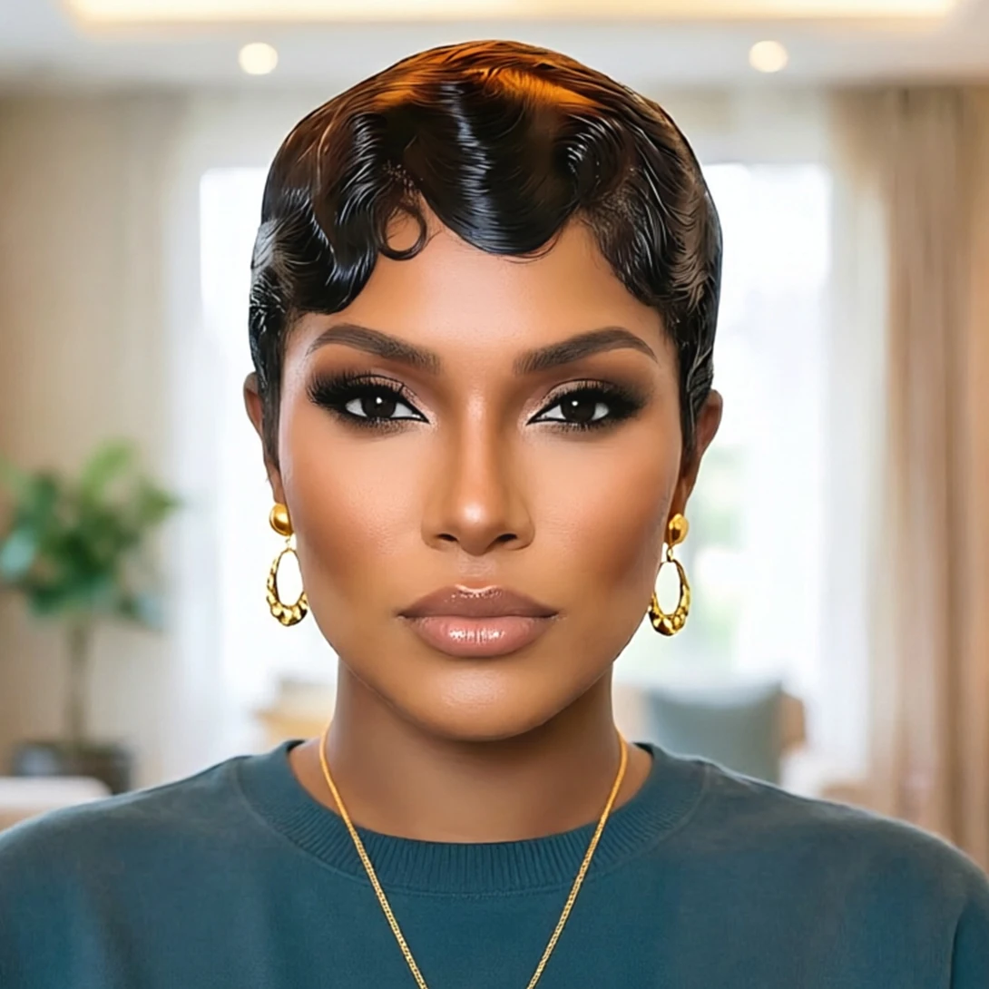 Short Finger Wave Wig Human Hair Brazilian Virgin Hair Full Machine Made Wigs for Women Natural Daily Party Wear