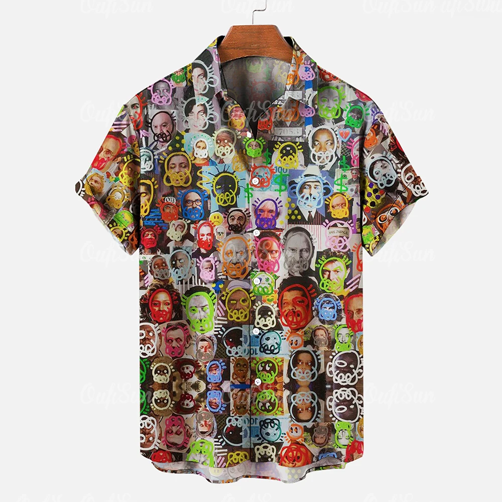 Hawaiian Shirt For Men Summer Short Sleeve Buttons Tops Maya Mask Pattern Print Casual Retro Men\'s Shirts Oversized Clothing