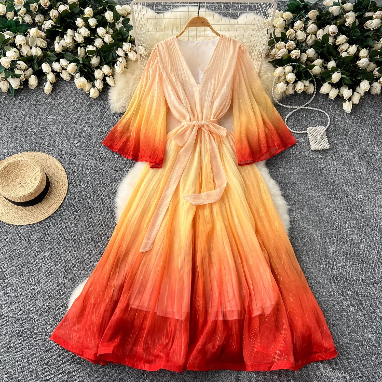 

Summer Holiday Bright Silk Chiffon Ruffles Robes Women's V-Neck Flare Sleeve Gradient Color Belt Lace Up Beach Party Vestidos