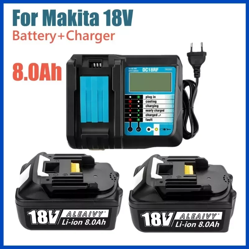 BL1860B 18V 8000mAh Rechargeable Power Tool Battery for Makita BL1860B BL1840 BL1850 Cordless Drill + with DC18RF 3A Charger