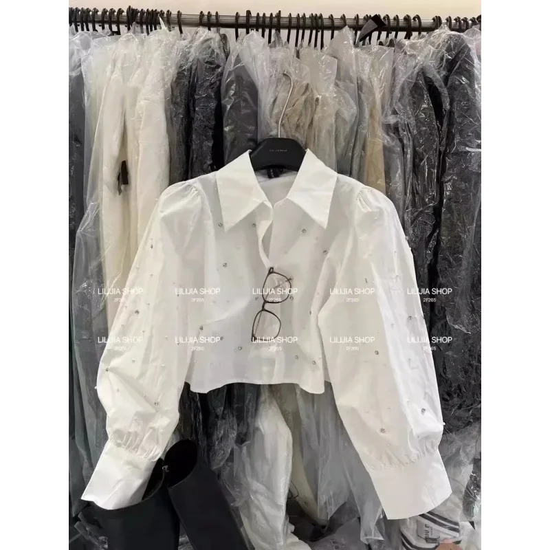 قمة الموضة الجديدة فقاعة الأكمام طويلة الأكمام قميص فضفاض قصير قميص بولو الرقبة سترة الإضافية المرأة أوائل الربيع