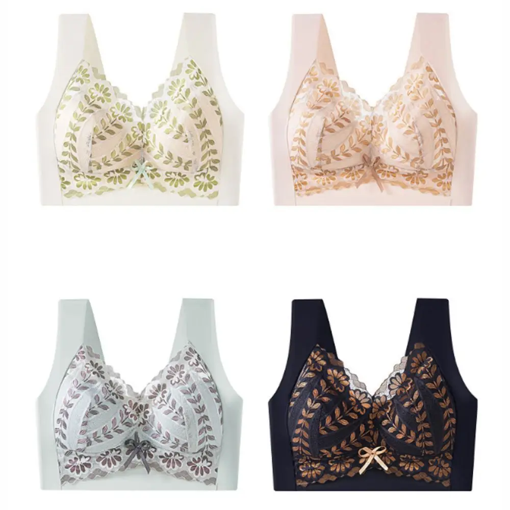 

Fashion Leaf Flower Lace Deep V Bras Big Cup Gathered Breasts Seamless Push Up Bras Lingerie Shockproof Wireless Bras Yoga