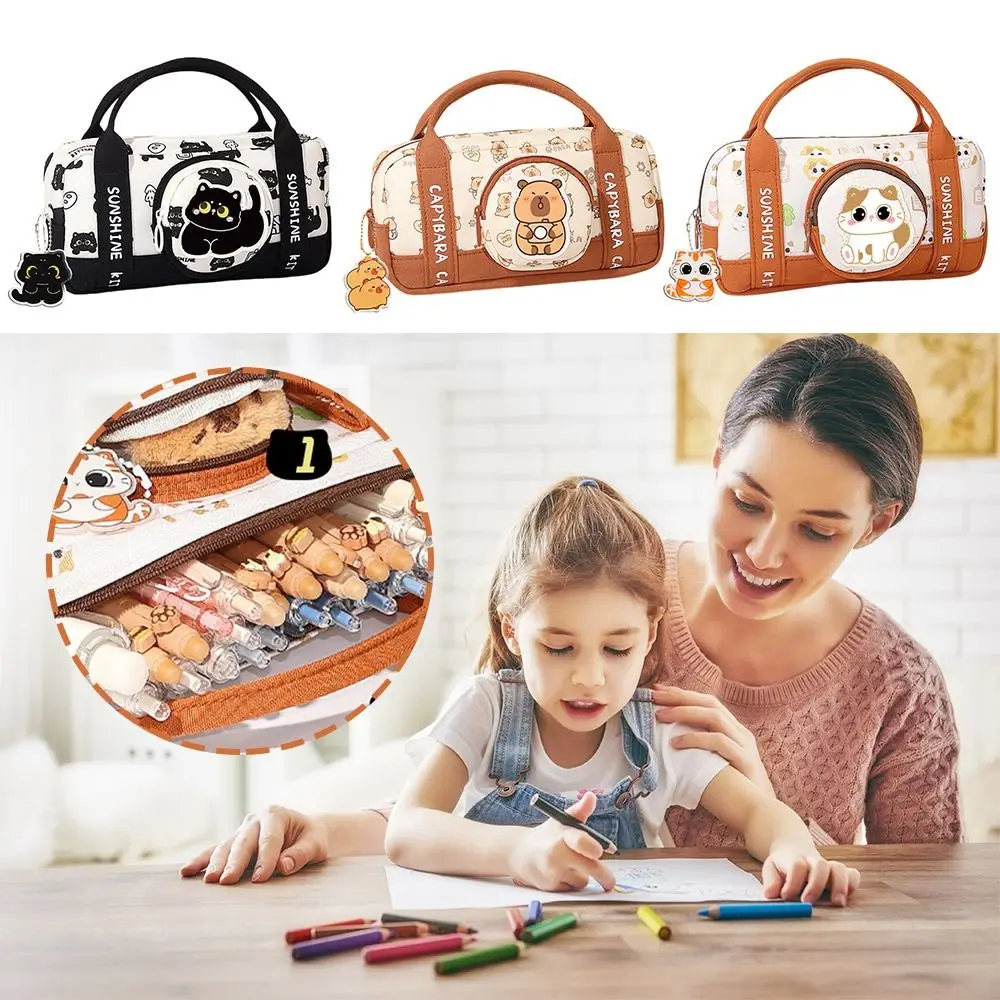 Durevole borsa per penne gatto/capibara nero, astuccio multifunzionale di grande capacità, borsa per cancelleria portatile, ufficio scolastico