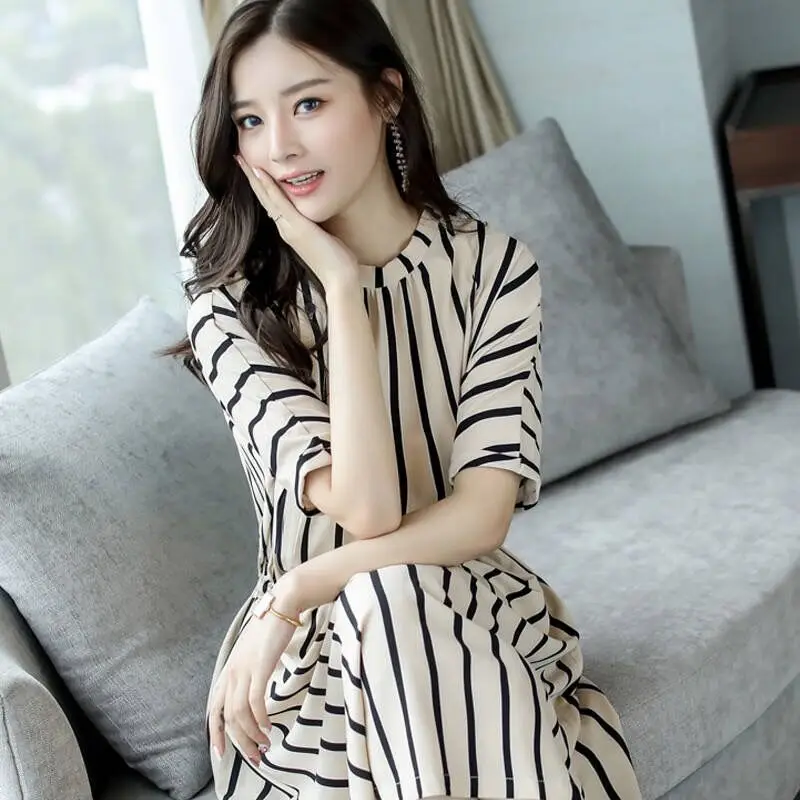 Temperament Lacing Ladies Dresses Summer New Short Sleeve O-Neck All-match Striped Loose Midi Dress Fashion Casual Women Clothes