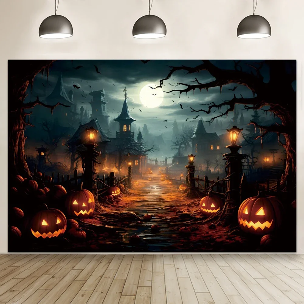 Halloween Eve Photography Backgrounds Night Castle Moon Pumpkin Lights Skeleton Family Party Photozone Horror Theme Backdrop