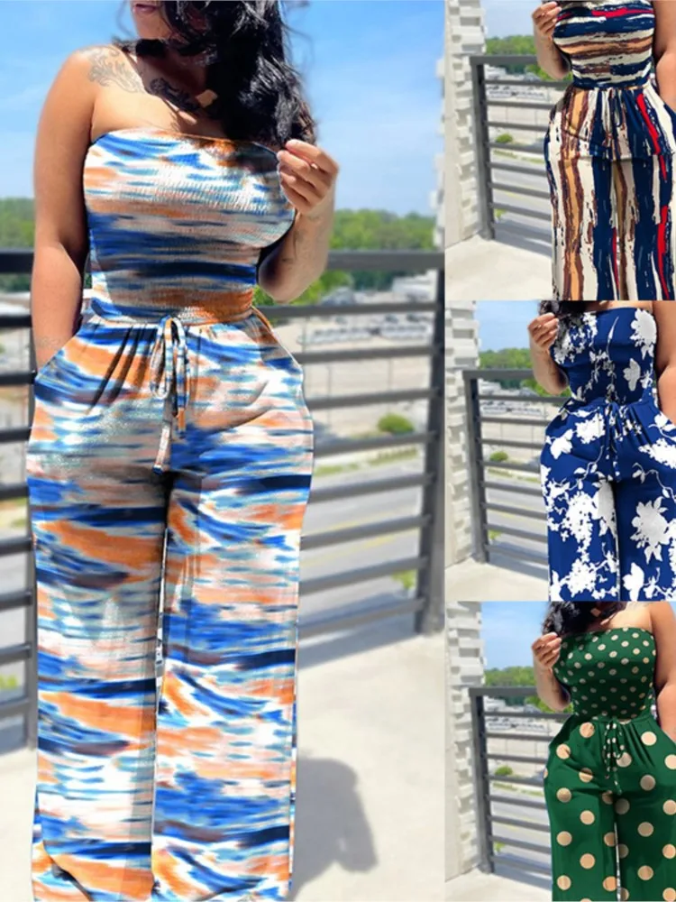 Women\'s Sexy Strapless One Piece Printed Pants Summer Fashion Lace Up High Waisted Slim Sleeveless Female Beach Holiday Jumpsuit