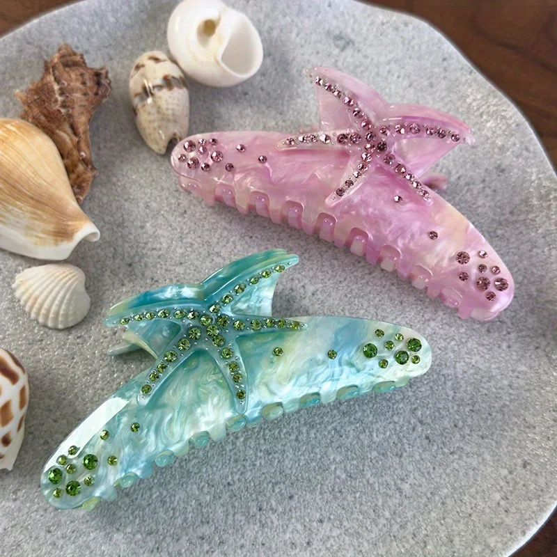 مشبك شعر مرصع بالألماس على شكل نجم البحر الملون مستوحى من المحيط قزحي الألوان، إكسسوار شعر أوبدو أنيق، قطعة شعر بسيطة #5