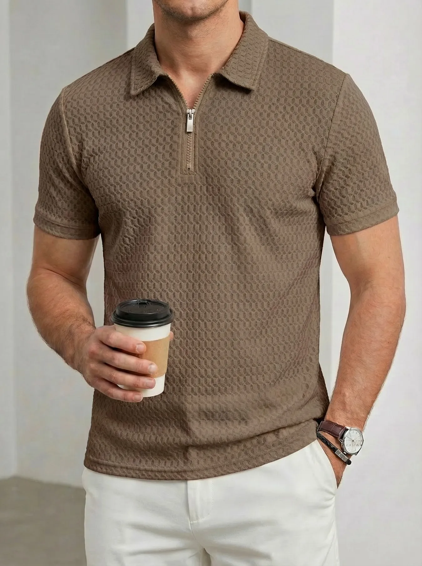 

Men's Premium Nylon Stretch Jacquard Polo Shirt Zip Collar Short Sleeve Casual Sports Golf Performance Breathable Athletic Top