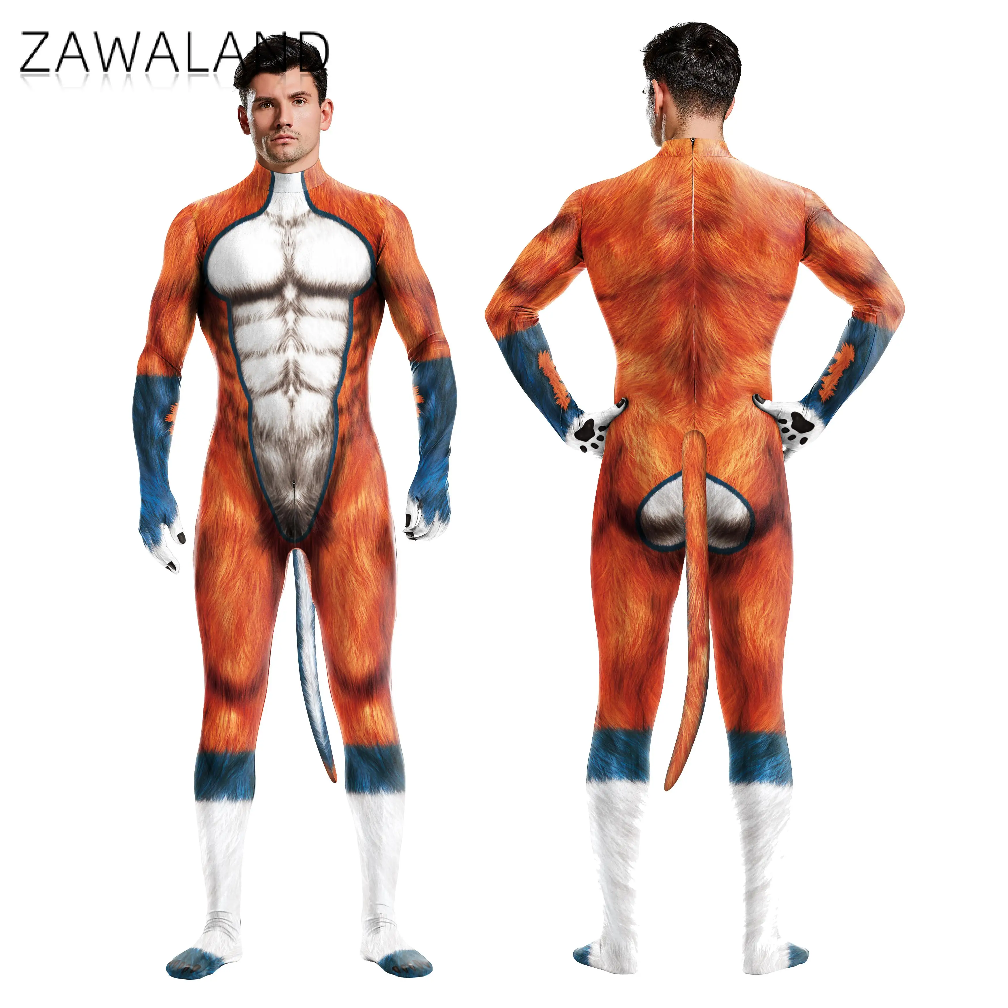 Trajes inteiros de Zawaland Cosplay para adultos Animal Catsuit Spandex Bodysuit 3D Impresso Zentai Bondage Muscle Suit Festa de Halloween